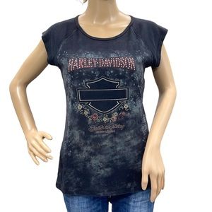 HARLEY-DAVIDSON Women’s Black Cap Sleeve Tee Shirt Size Medium
